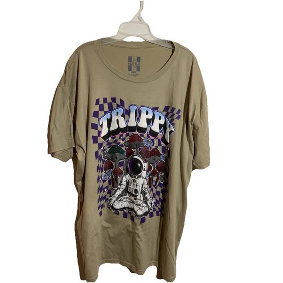 OG Hustle Size 3x Short Sleeve Tee Tan Trippy Astronaut Mushroom Checkered Shirt - Picture 1 of 8
